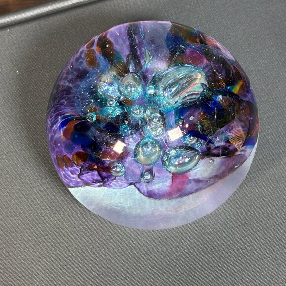 Signed Robert Held Art Glass Paperweight Vintage Studio Glass Orb Purple & Teal - Picture 6 of 12